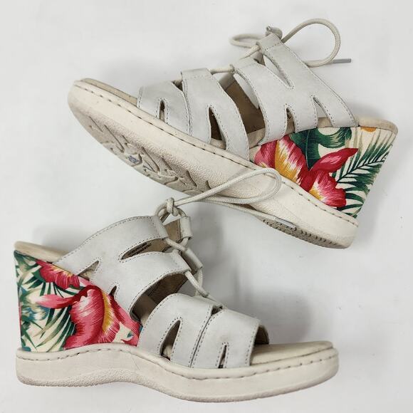 Born Wedge Sandals Women 7M Piru Tropical Floral Heel Bone White Leather F20101 - Picture 6 of 11